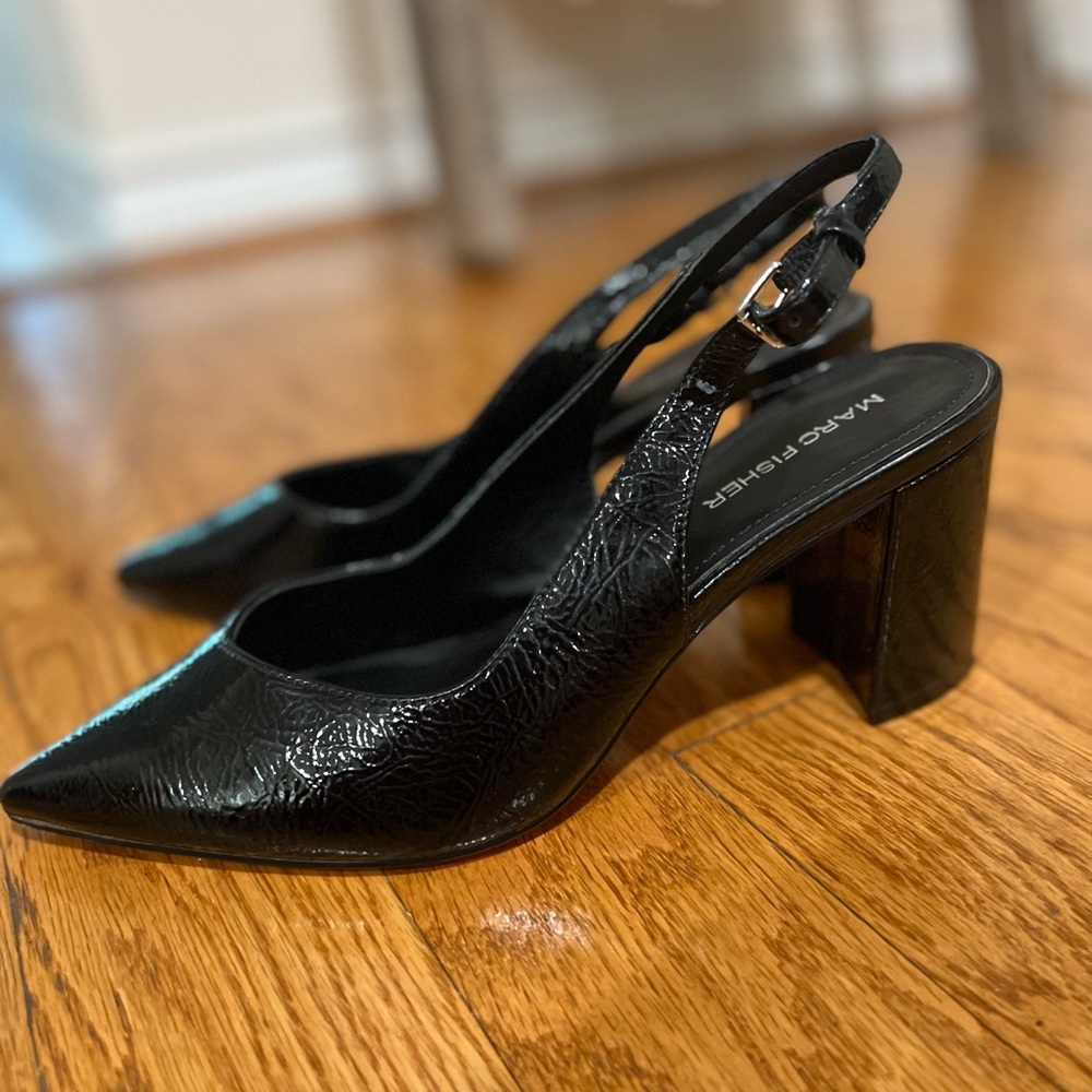 Marc Fisher Black Textured Patent Slingback Heels